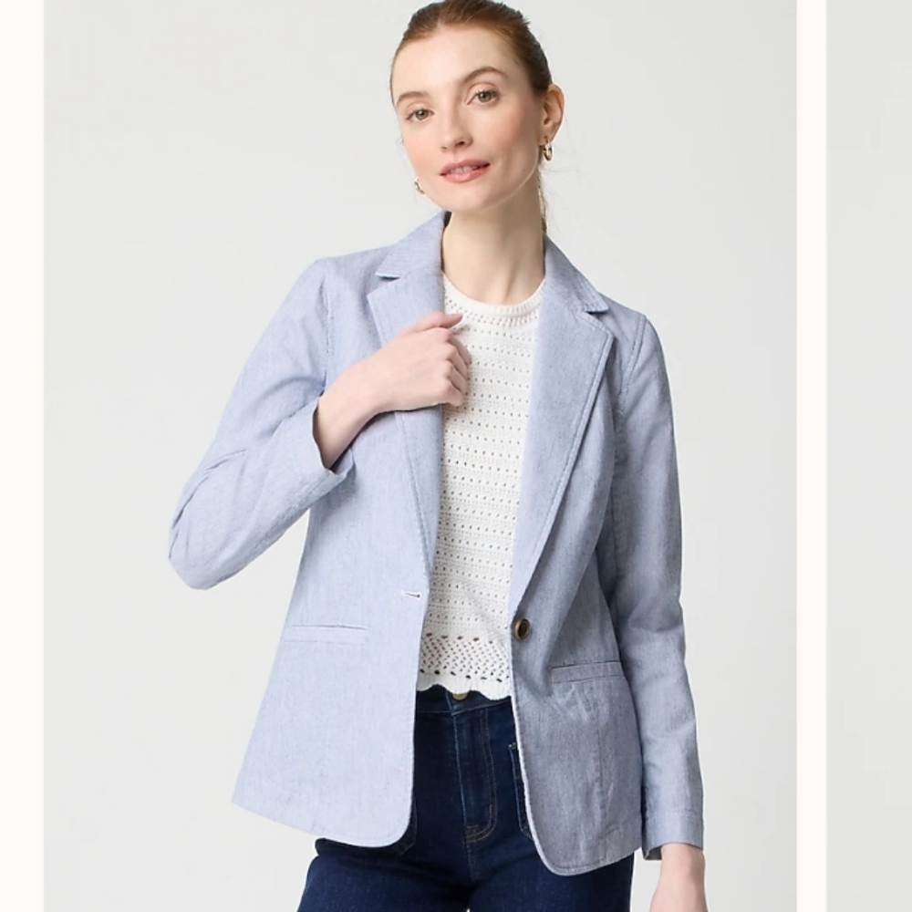 NWT J. Crew Stretch Relaxed Cotton Linen Blazer In Antique Navy Stripe Size 0